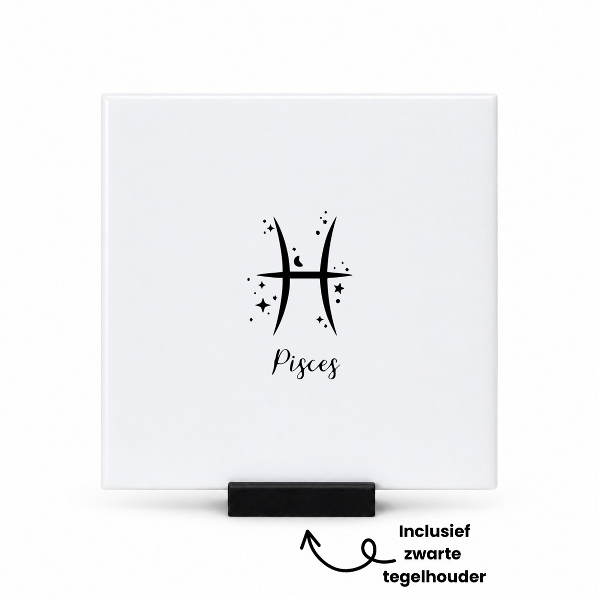 Hacebo Pisces tegeltje met tegelhouder - Sterrenbeeld vissen - Familie vrienden - tegeltjes met tekst - Cadeau - spreuktegels - 10.8x10.8 CM Wit