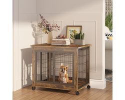 Modenuit Hondenbench – 80 x 56 x 69,5 cm – Met Wielen en Opklapbaar Dak – Hout en Metaal – Bruin/Zwart