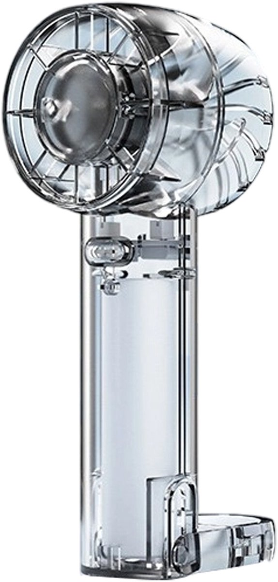 Transparante handventilator met ijskoeling en uitschuifbare haak – 3 snelheden, oplaadbare mini-ventilator (USB-C) voor sportschool, kantoor, reizen en buiten – Kristalhelder ontwerp