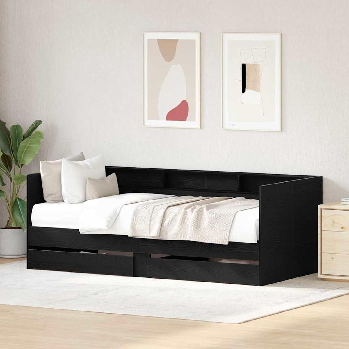 Slaapbank met Laden - Zitbank Logeerbed - Ruimte Besparen - Massief Houten Frame - 203x110x73 cm - Zwart