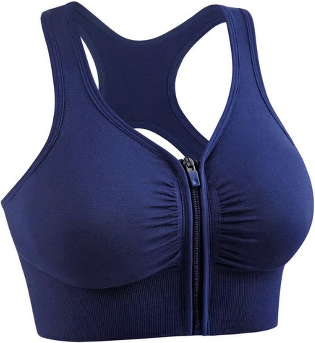 Sportbeha - Sport BH - Met rits - Ondersteuning - Gevoerd - Dames sportbeha - Sport top - Fitness BH - Sports bra - Front zipper - Workout bra - Activewear -Elastisch - Maat XS/S - Donkerblauw- Jonyx