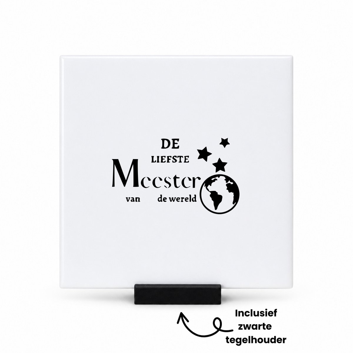Hacebo De liefste meester van de wereld tegeltje met tegelhouder - Meester - Leraren docenten - tegeltjes met tekst - Cadeau - spreuktegels - 10.8x10.8 CM Wit