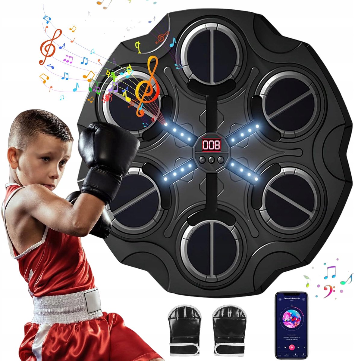 Kind Boxing Machine - Boksmachine met Muziek - 6 doelen - Bluetooth - 3 standen - 3 snelheden - scoretelling - voor reactiesnelheid en ouder-kind interactie