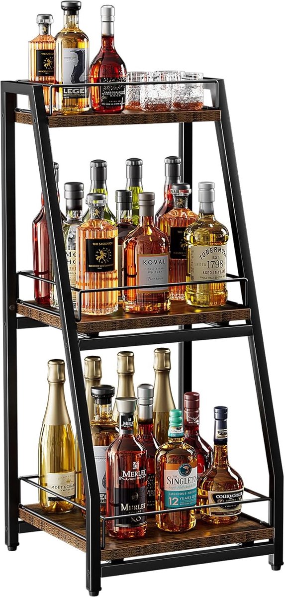 3-Laags Getrapte Drankkast - Vrijstaand Wijnrek Met Whisky- en Flessendisplay - Hoekdrankkast Met Schuiflade En Hekken - Industriële Minibar Voor Thuis, Keuken, Eetkamer En Woonkamer - Zwart