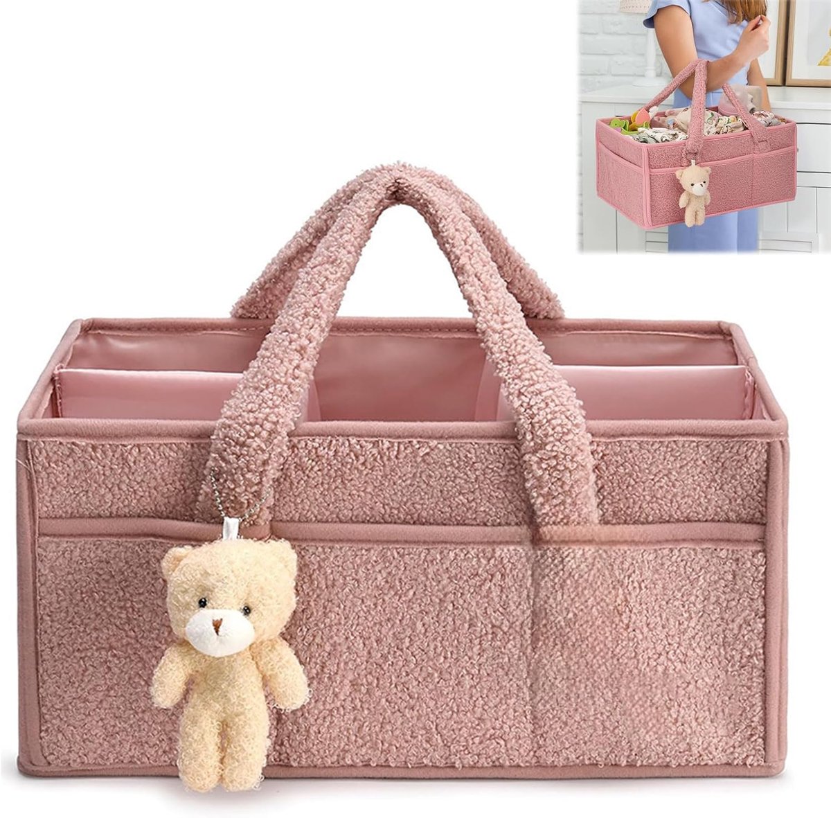 SnelShoppen - Baby Luier Caddy Organizer Draagbare Opbergtas voor Luiers met Verwijderbare Verdelers - Premium Pluche Stoffen Organisator in Roze voor