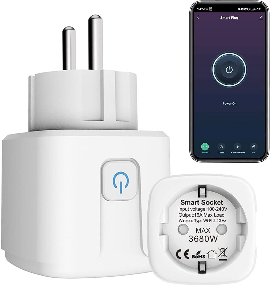SnelShoppen - ZigBee Smart Socket 16A met Alexa en Google Home Verbinding, Afstandsbediening, Energieverbruik Meting, 2.4G WiFi, Slimme Stekker voor T
