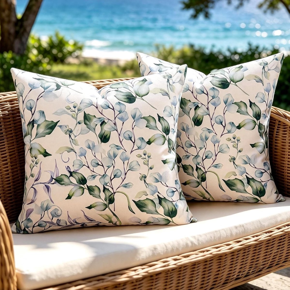 SnelShoppen - Cushion Covers 45 x 45 cm Groen Waterafstotend Decoratief Eucalyptus voor Tuin, Balkon, Woonkamer, Sofa - Set van 2 Kussenslopen