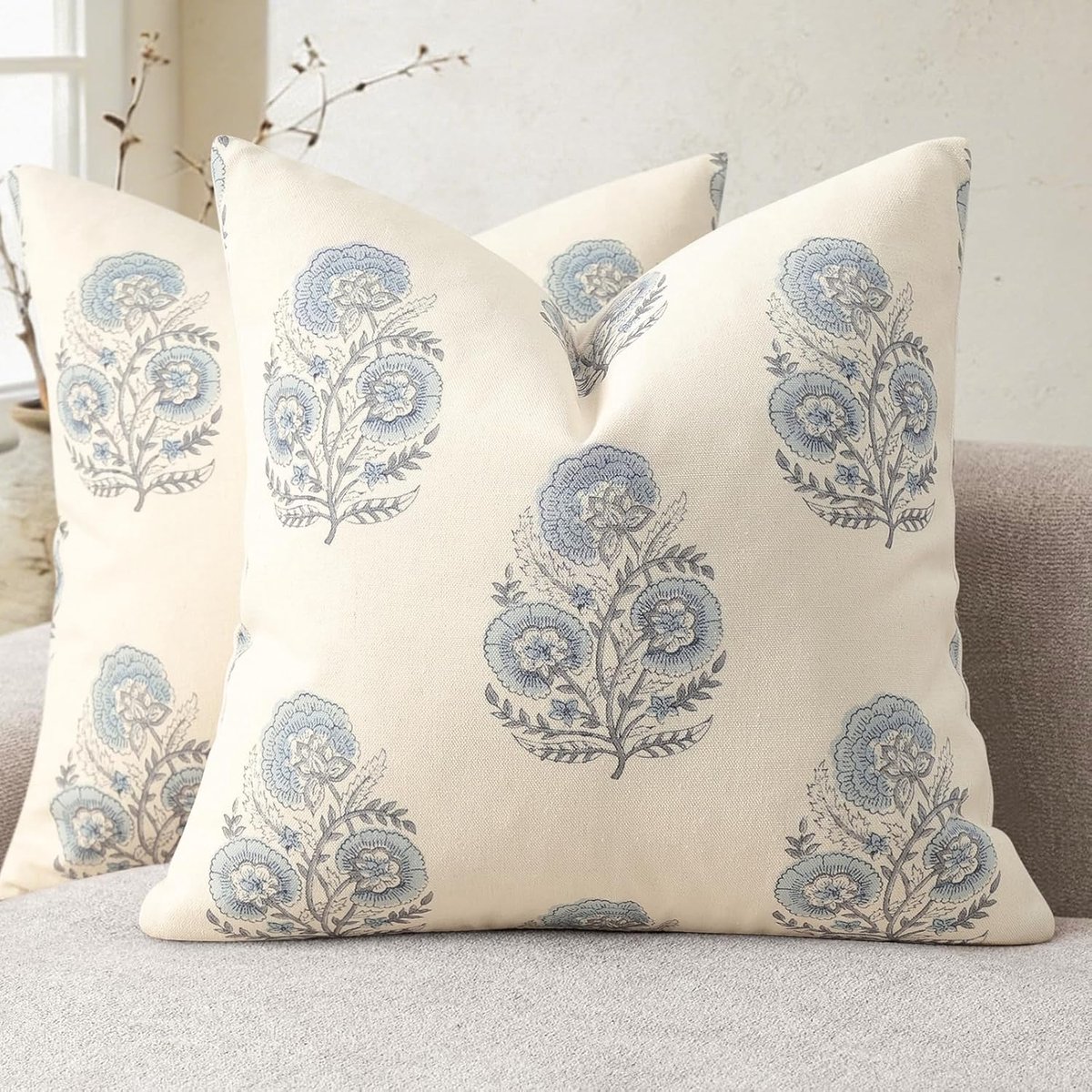 SnelShoppen - Vintage Floral Kussenhoezen 60x60 cm Set van 2 - Lichtblauw - Duurzame Katoenmix - Moderne Decoratie voor Sofa, Armstoel, Bed en Woonkam