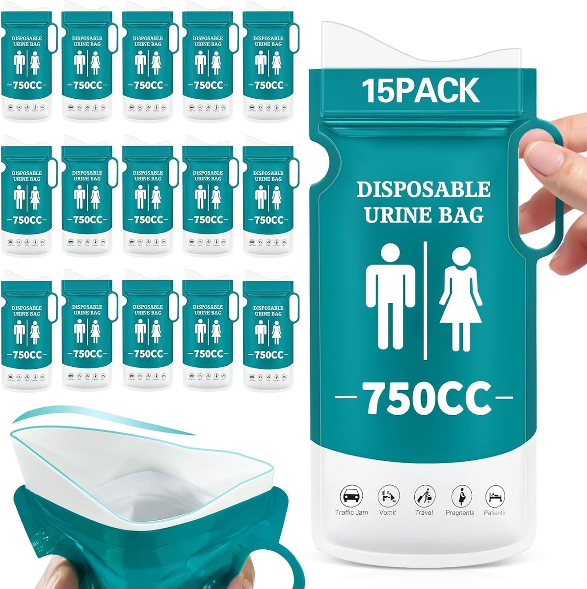 SnelShoppen - Pack van 15 Urine Bags 750ml - Draagbare Urinalen voor Mannen, Vrouwen en Kinderen - Ideaal voor Camping, Hiking, Reizen en Drukke Verke