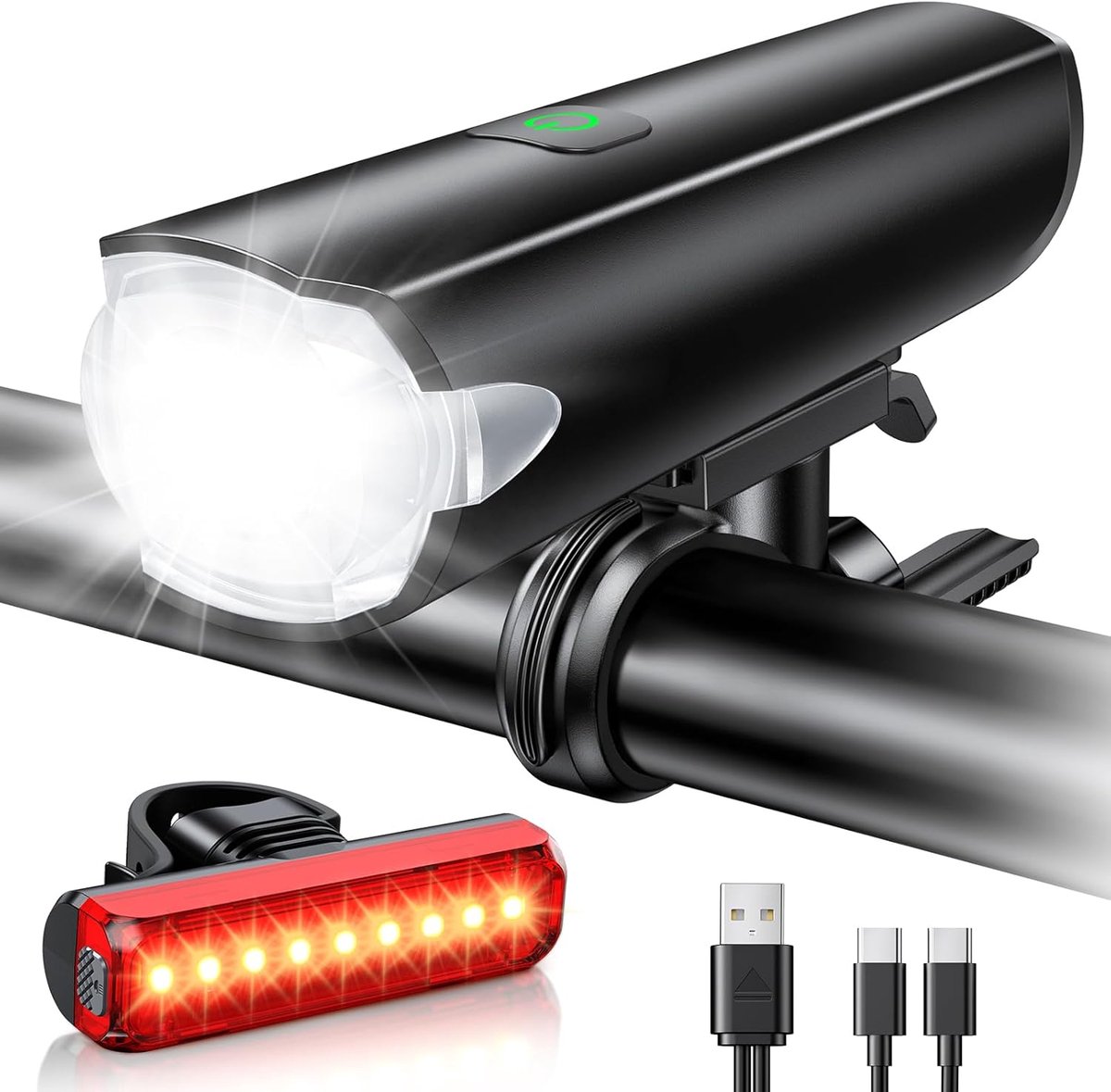 SnelShoppen - Fietslamp 1200LM USB Oplaadbaar voor Voorkant en Achterkant met IP65 Waterdicht, 3+5 Lichtstanden, Brede 270° Stralingshoek voor Mountai
