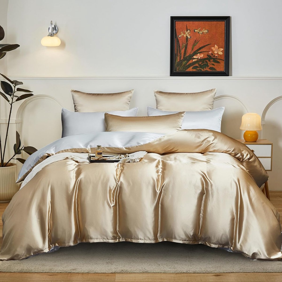 SnelShoppen - Satin Beddegoed 200 x 220 cm Beige/Wit, Omkeerbaar, Zijdezacht 3-delig met Rits en 2 Kussenslopen 80 x 80 cm, Luxe Bedlinnen voor Volwas