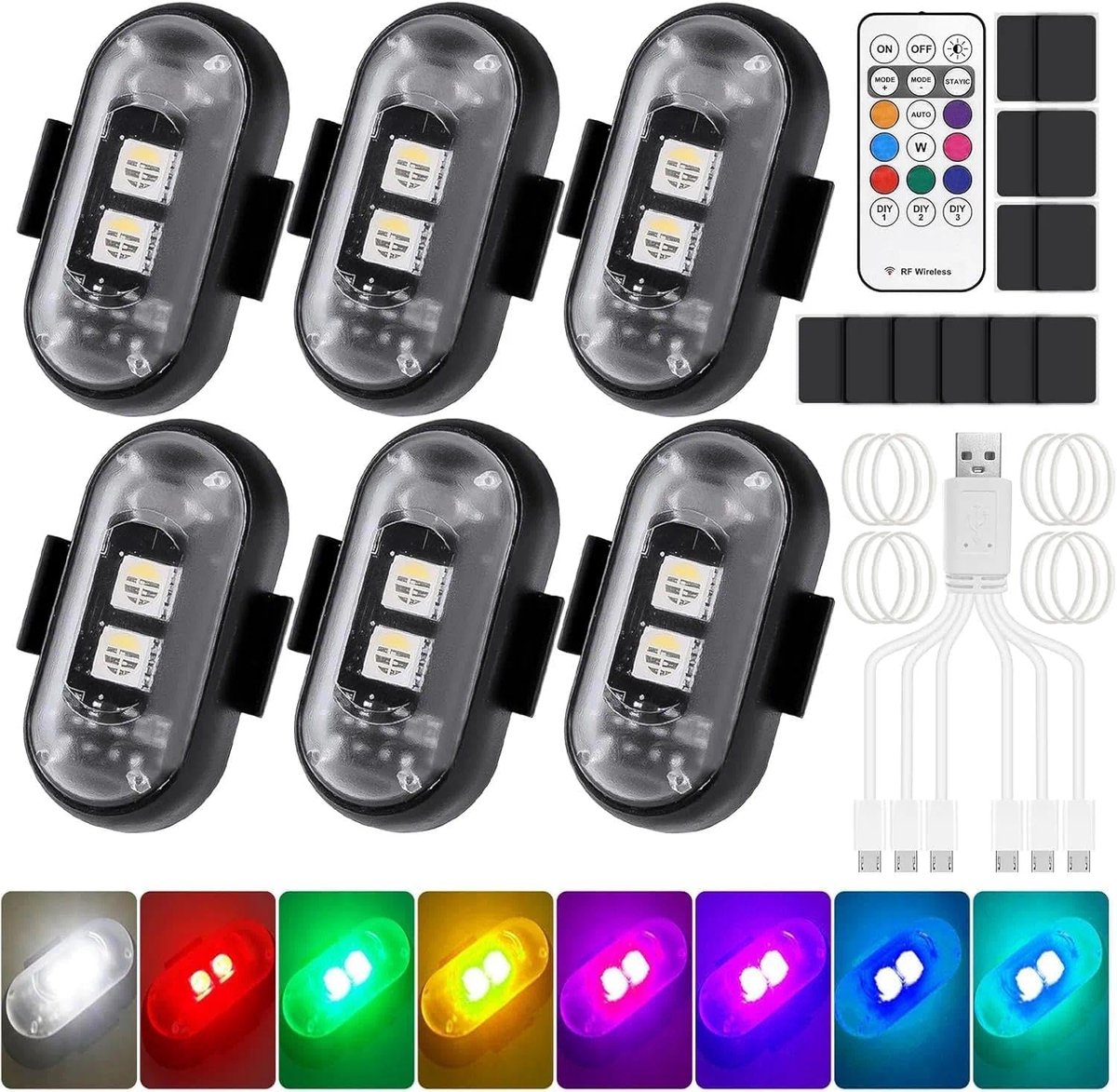 SnelShoppen - 6 Pcs Draadloze LED Lichten voor Auto's, 8 Kleuren, Waterdichte Anticollisielichten met Afstandsbediening, Stroboscooplamp, USB Opladen