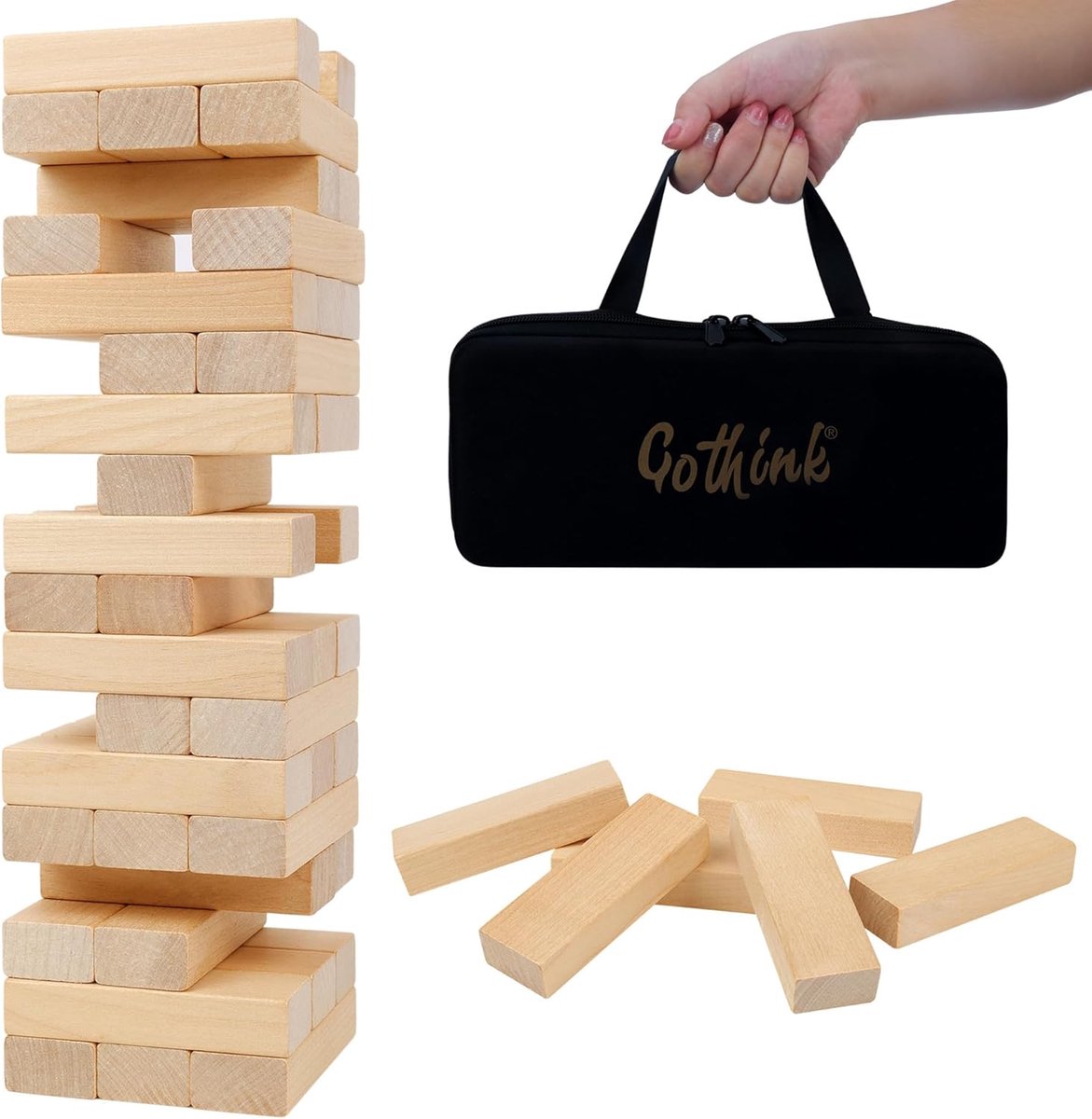 SnelShoppen - Houten Stapeltoren Spel 54 Stuks voor Kinderen & Volwassenen, Ideaal voor Familiebijeenkomsten, Inclusief Opbergzak, Standaardformaat, G
