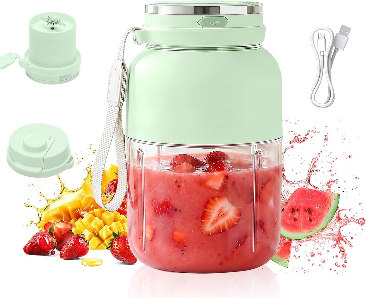 SnelShoppen - Draagbare Mixer 1300 ml - Smoothie Maker to Go - Lekvrij Deksel - Draadloos en Oplaadbaar - Fitness, Kantoor en Reizen - Groene Blender