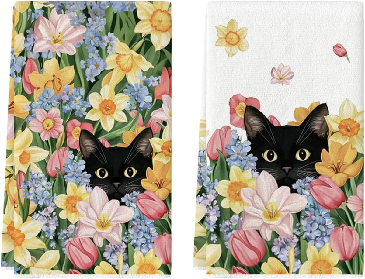 SnelShoppen - 2 Stuks Zomer Tulpen Keukendoeken, Absorberende Theedoeken met Wilde Bloemen en Zwarte Kat, Landelijk Bloemen Decoratie, 40x60 cm, Gesch