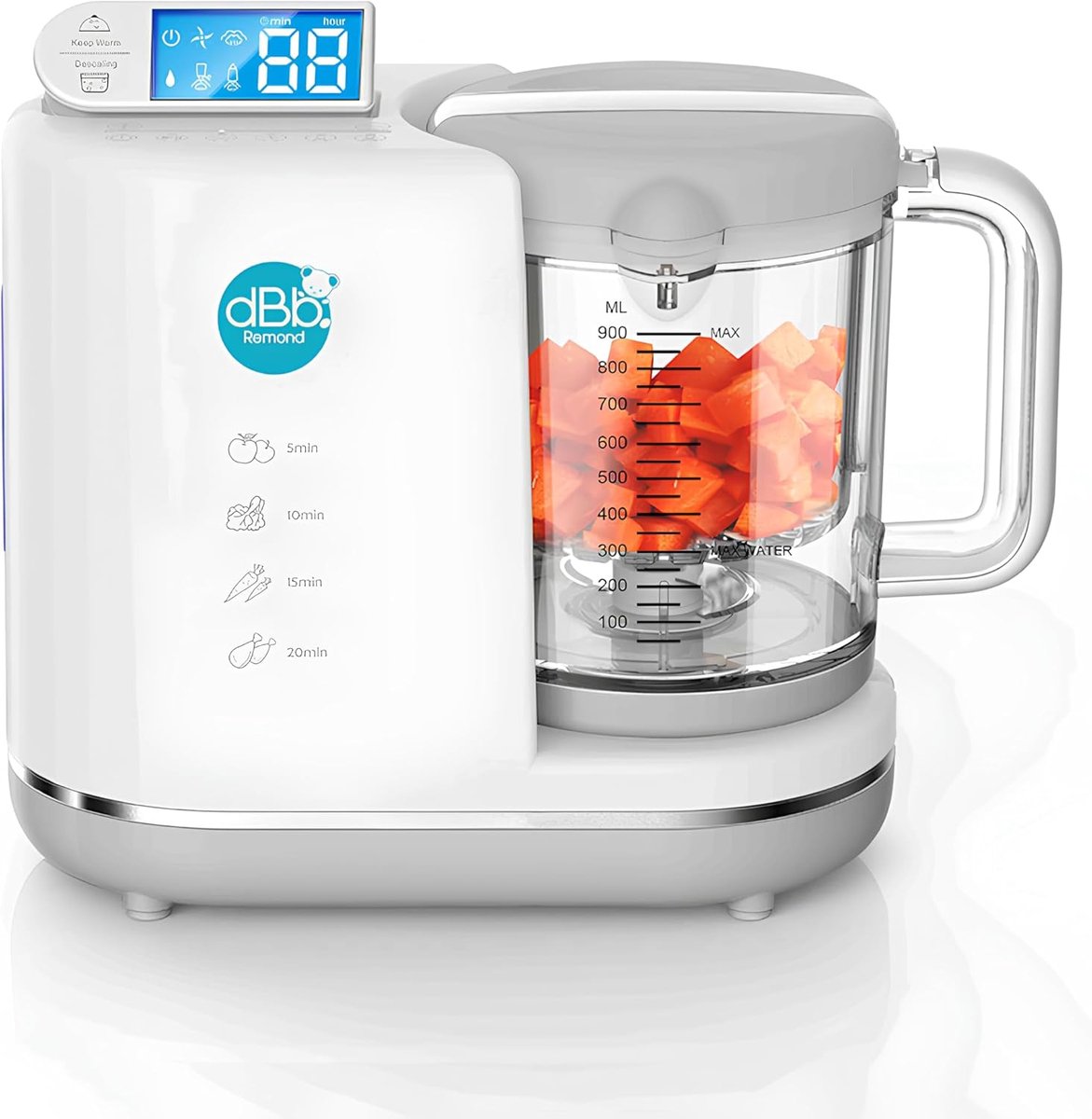 SnelShoppen - 6-in-1 Multifunctionele Food Processor, Blender, Sterilisator, Kookfunctie, Warmhoudfunctie, Digitale LCD Display, Grijs, Voor Keuken en