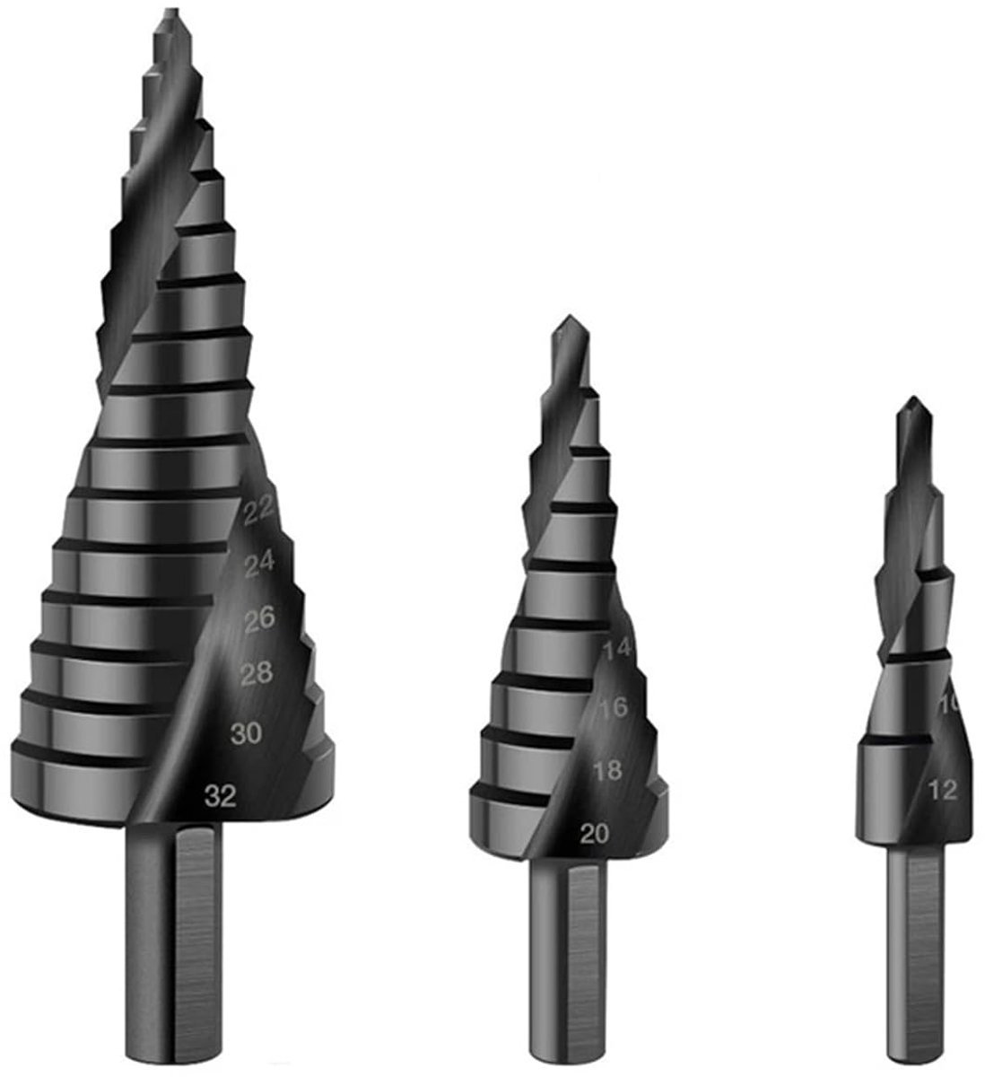SnelShoppen - Spiral Grooved Step Drill Bits Set 4-20mm 4-32mm - M35 HSS Cobalt Free - Titanium Coated - Voor Hout, Metaal en RVS - 3 Stuks