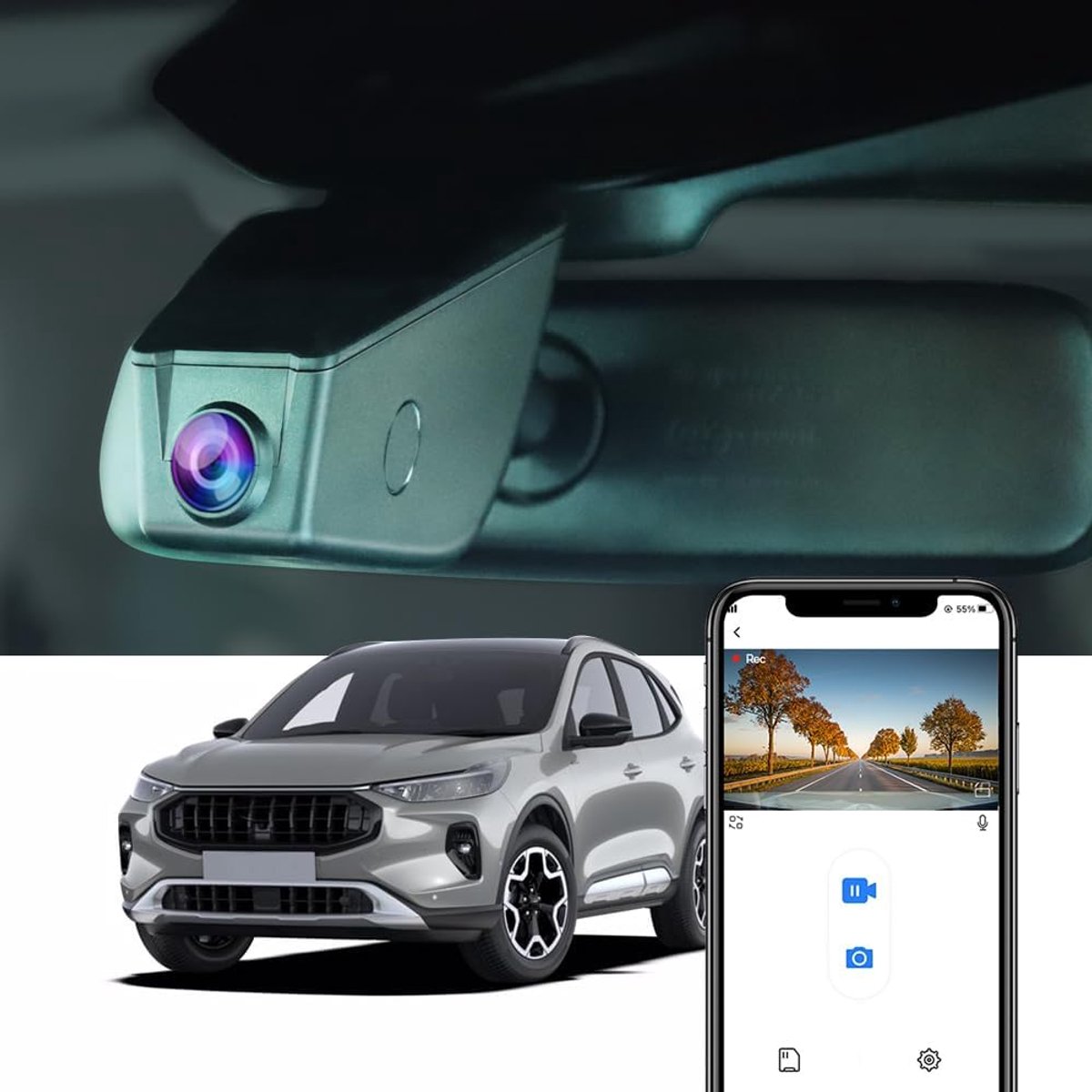 SnelShoppen - Dashcam 4K voor Ford Kuga 2019-2025 MK3 - OEM Auto Camera 2160P UHD, WiFi, G-Sensor, Loop Recording, WDR, Plug & Play, incl. 64GB Kaart