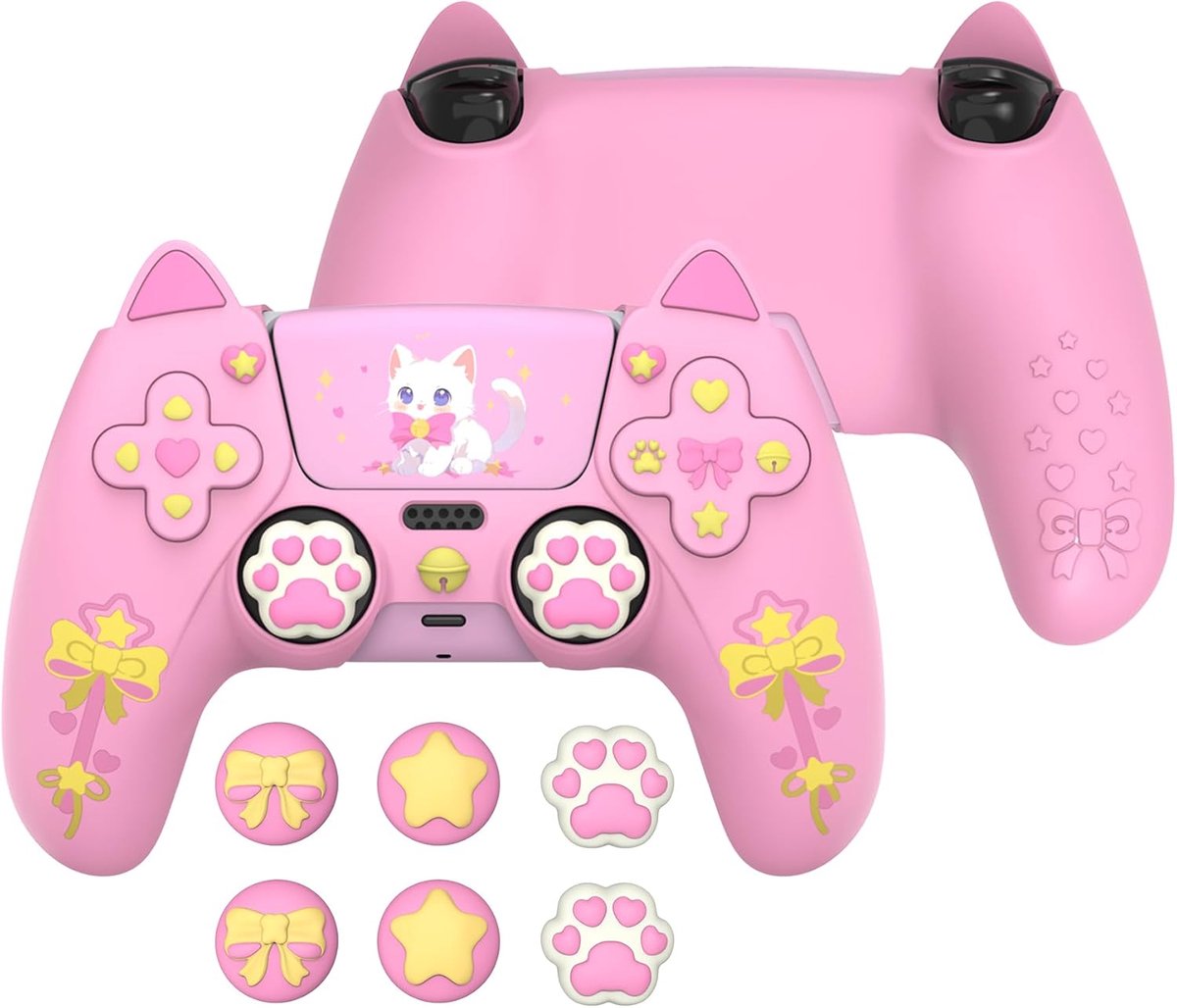 SnelShoppen - PS5 Silicone Case met Kattenoren, Joystick Caps en Stickers - Roze, Antislip, Volledige Bescherming, Compatibel met PS5 Oplaadstation -
