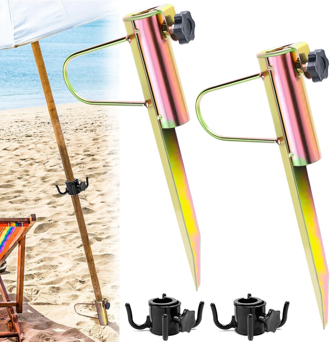 SnelShoppen - Parasol Ground Spike 2 Stuks - Robuust Umbrella Holder met Haken - Geschikt voor Parasols 20-35 mm - Ideaal voor Strand, Gras en Zand