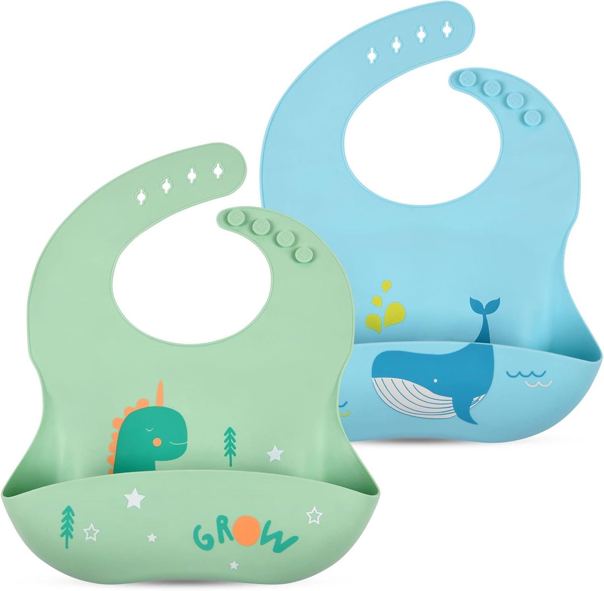 SnelShoppen - 2x 3D Siliconeslabbetjes Waterdicht BPA-vrij met Opbergzak, 4 Verstelbare Maten voor Kinderen en Baby's, Dinosaurus en Walvis Ontwerp