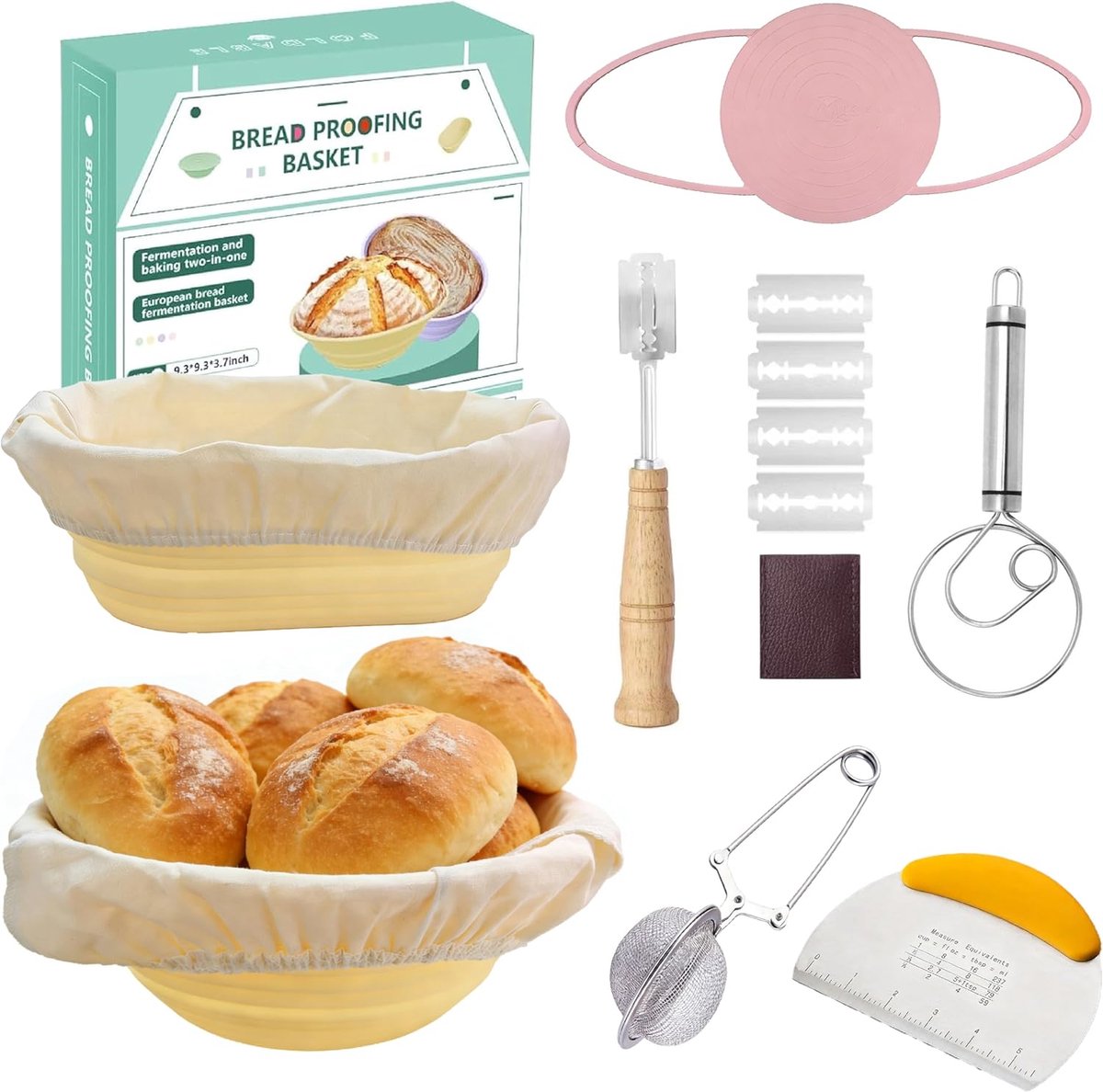 SnelShoppen - Siliconen Brood Gistmand Set (23 cm Rond & 25 cm Ovaal) - Compleet 10-delig met Deegschraper, Roestmes, Fermentatiedoek - Hygiënisch, Op