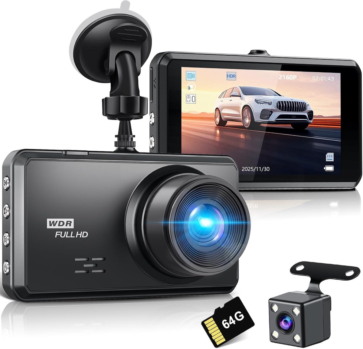 SnelShoppen - Miden 4K + 1K Dashcam Auto met 64G SD Kaart, 2160P + 1080P UHD, IPS 3.2 Inch, 336° Breedhoek, G-sensor, WDR, 24 Uur Parkeerstand, Loopop