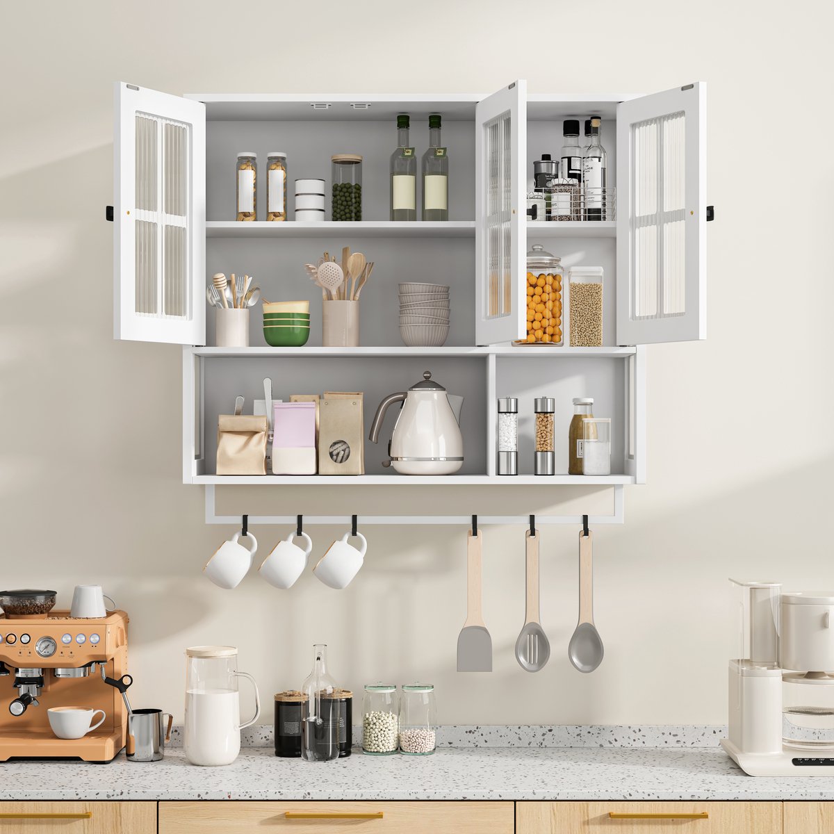 Wishdor - Wandkast - 3-deurs met open vak en handdoekstang - modern minimalistisch - voor badkamer en hal - houtlook met gehard glas - wit - 88 x 26 x 82,5 cm