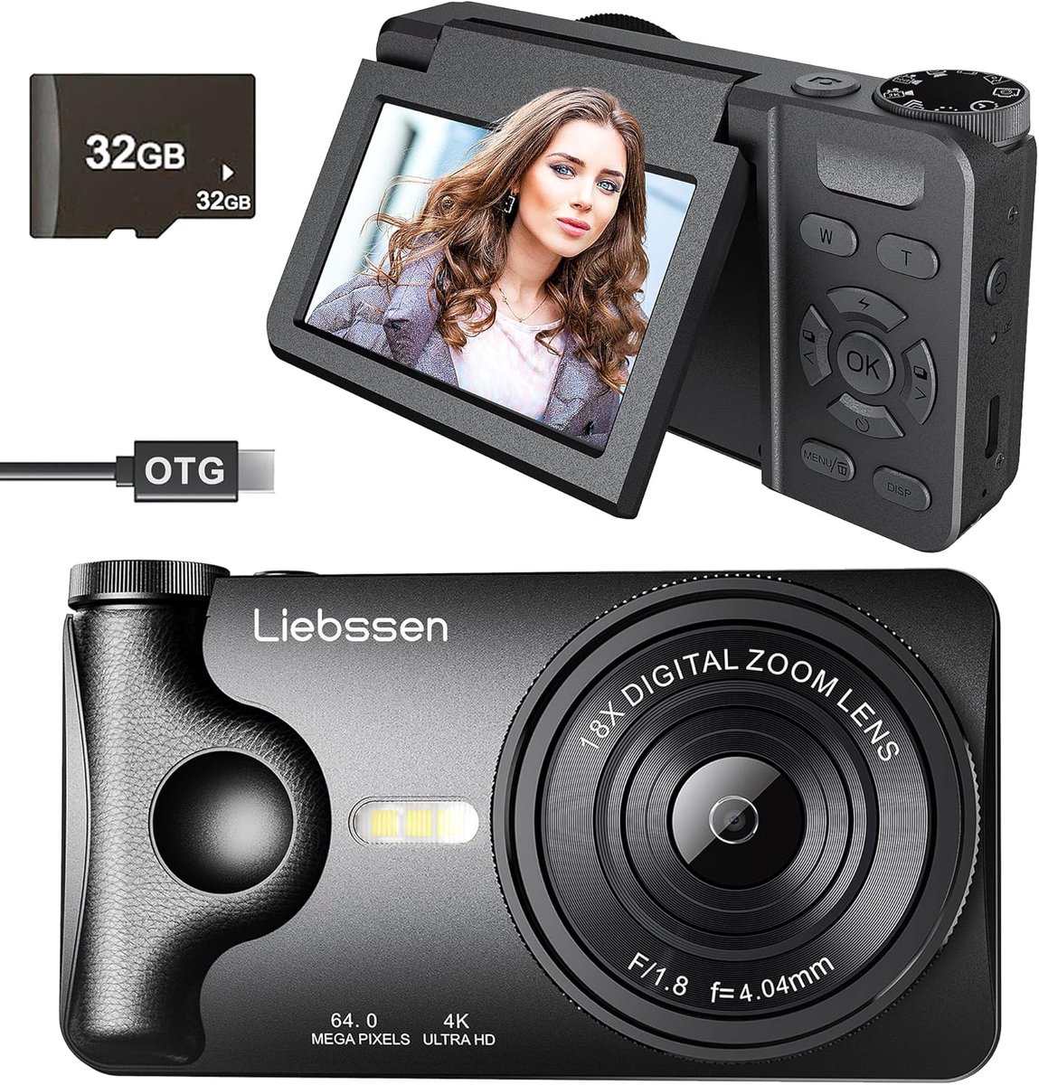 SnelShoppen - 4K Digitale Camera 64MP Autofocus met 3.0'' Flip Screen, 32GB Geheugen, 2000mAh Batterij - Perfect voor Vloggen, Foto's, Kinderen en Soc
