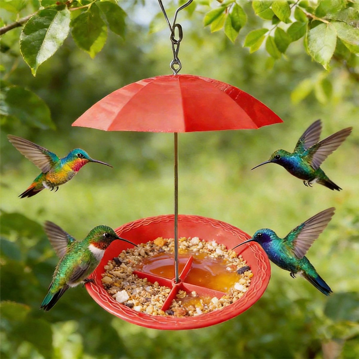 YAGXIG Kolibrievoeder - Vogelvoeder voor buiten - Hangende vogelvoeder met zonnescherm - Regenbestendige vogelkom - Geschikt voor tuinkolibries en kleine vogels - Hangende vogelvoeder voor buiten - Waterdicht en vochtbestendig - Rood