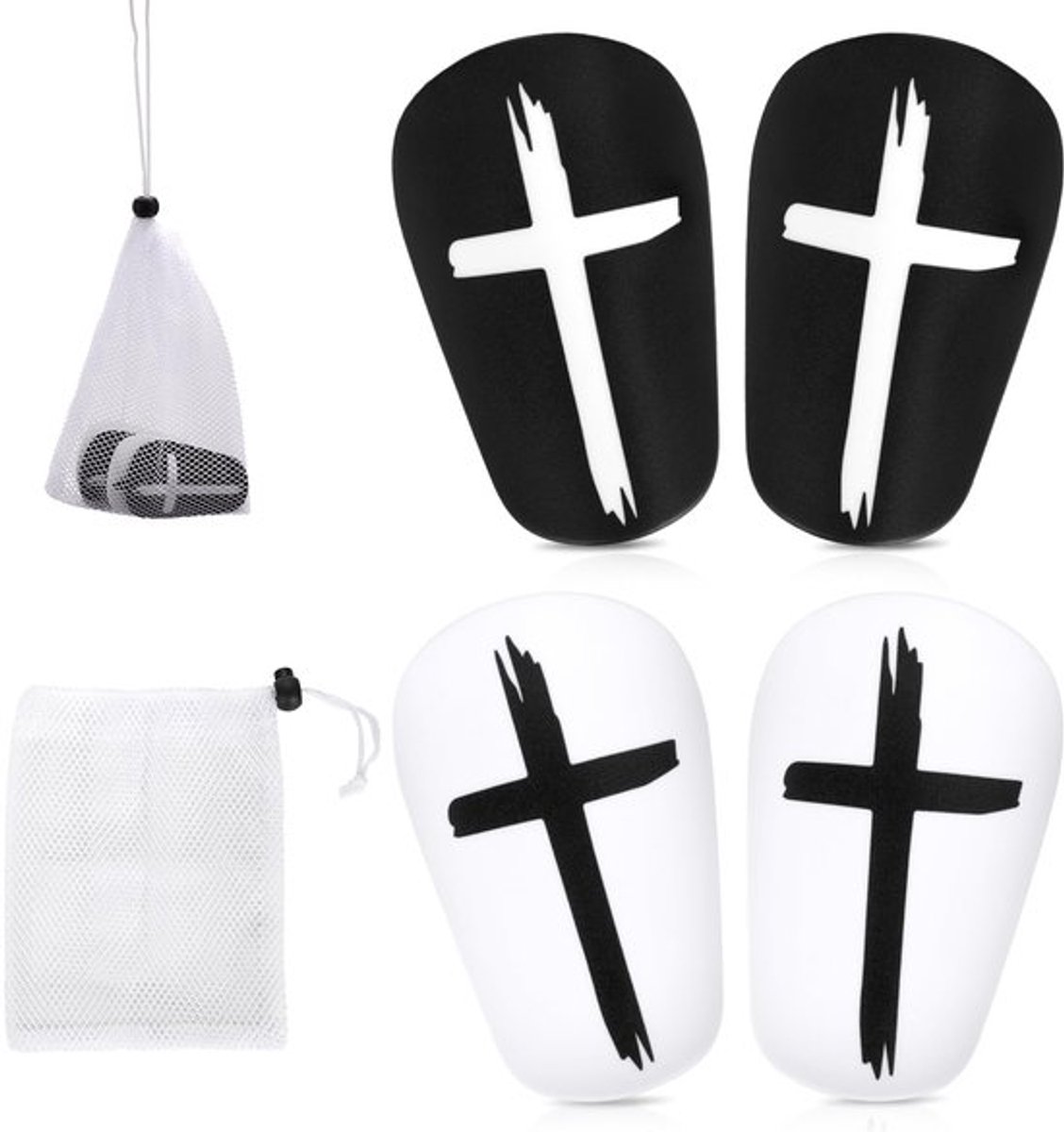 2 Paar Scheenbeschermers voor Voetbal, 8x5cm Zwart en Wit Kruis Beschermende Scheenbeschermers voor Voetbal Mini Scheenbeschermers voor Voetbalkleding voor Jongens Meisjes Volwassenen