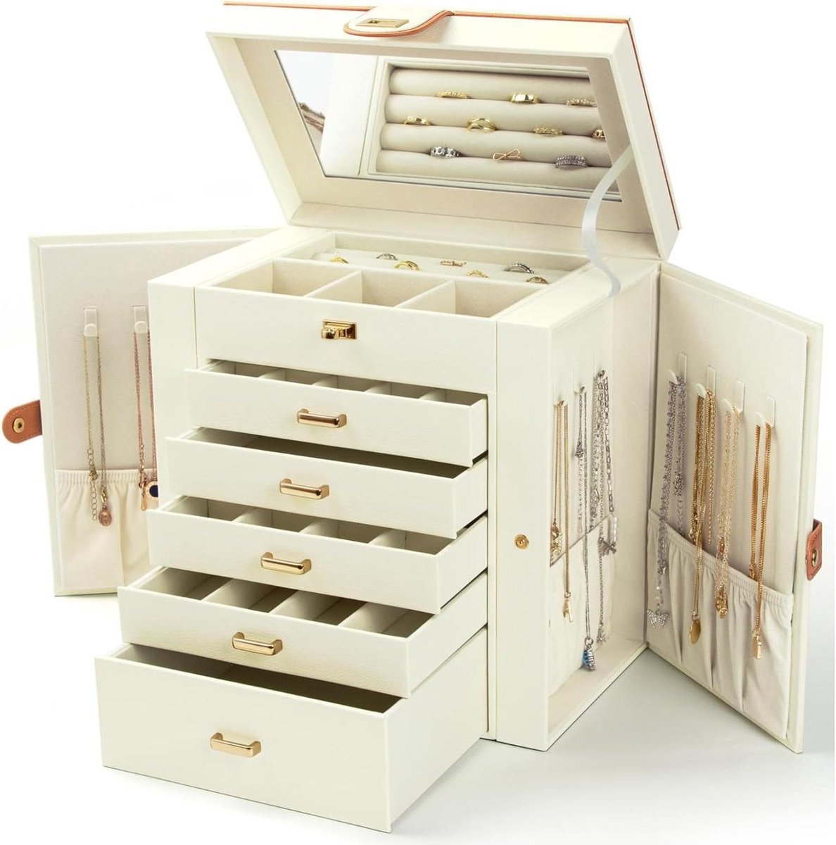 Juwelendoos Vrouwen - Sieraden Organizer - Sieraden Opbergen - Met Ingebouwd Spiegel - 6 Lagen 5 Laden - Wit