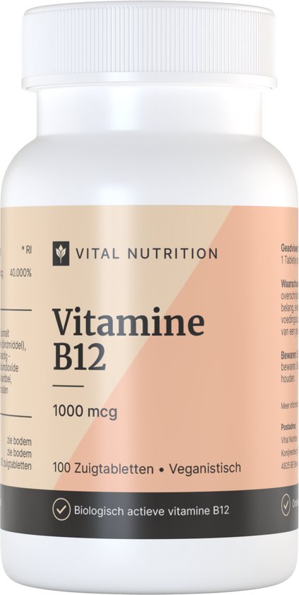 Fles vitamine B12 van Vital Nutrition met 100 zuigtabletten in biologisch actieve vorm, 1000 mcg.