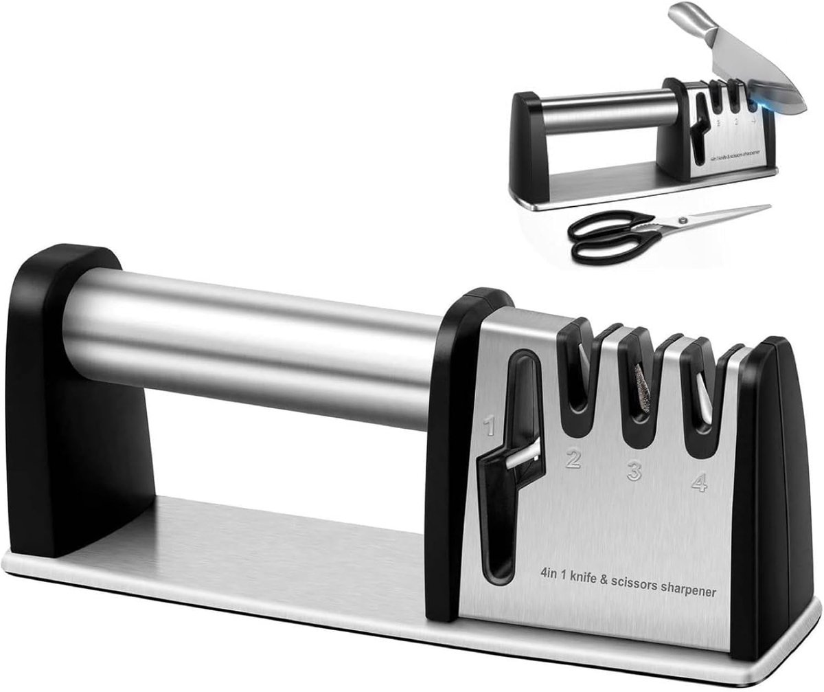 SnelShoppen - Professionele Messenslijper met Roestvrijstalen Voet en Handgreep, 4-in-1 Multifunctionele Slijper voor Messen en Scharen, Ergonomisch e