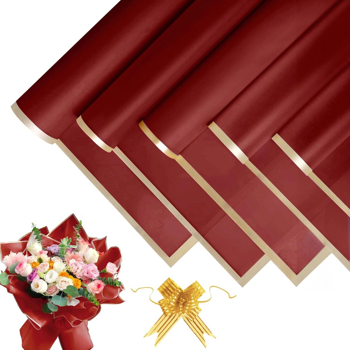 SnelShoppen - 20 Vellen Bloemen Inpakpapier met 10 Stuks Ribbons Bows - 58x58cm Rood met Gouden Rand - Waterdicht Cadeau Inpakpapier voor Boeketten, F