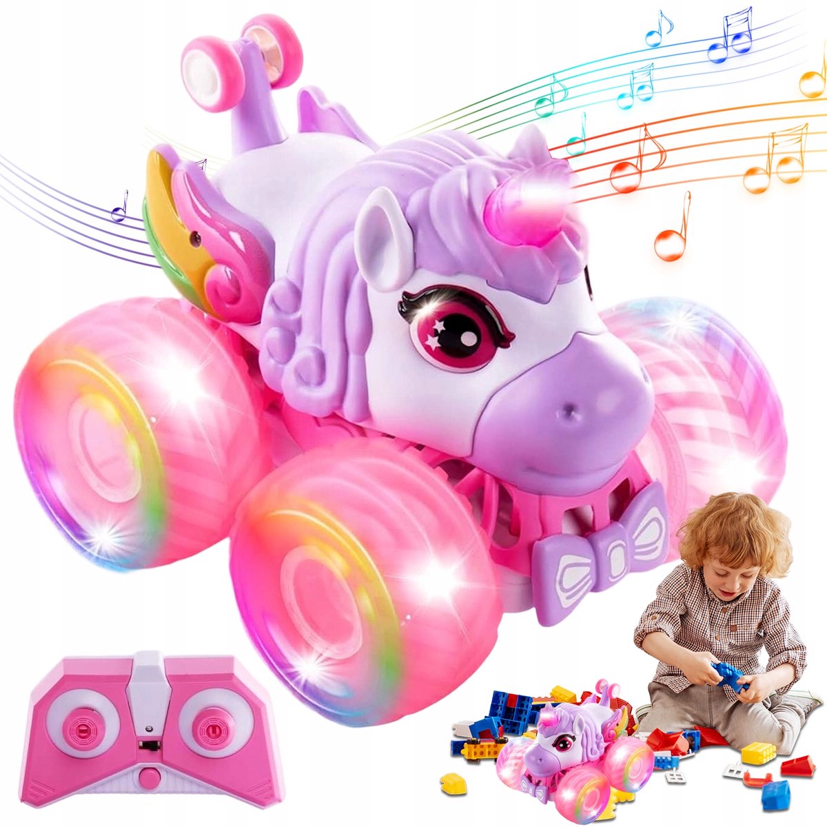 Eenhoorn Speelgoedauto - Stunt Auto met Afstandsbediening - 360° flips - verlichte wielen - muziek - oplaadbaar - voor meisjes van 3-8 jaar - perfect cadeau