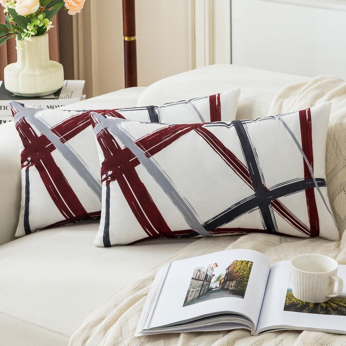 SnelShoppen - Set van 2 Velvet Kussenhoezen 30 x 50 cm Donkergrijs Geometrisch Decoratief voor Bank en Slaapkamer, Zachte Kussens voor Binnen en Buite