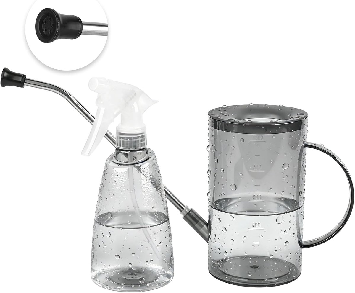 SnelShoppen - 1 Liter Transparante Gieter met Lange Tuit en 500 ml Spuitfles - Ideaal voor Plantenverzorging, Tuin en Binnen, Hoogwaardig ABS, Spacegr