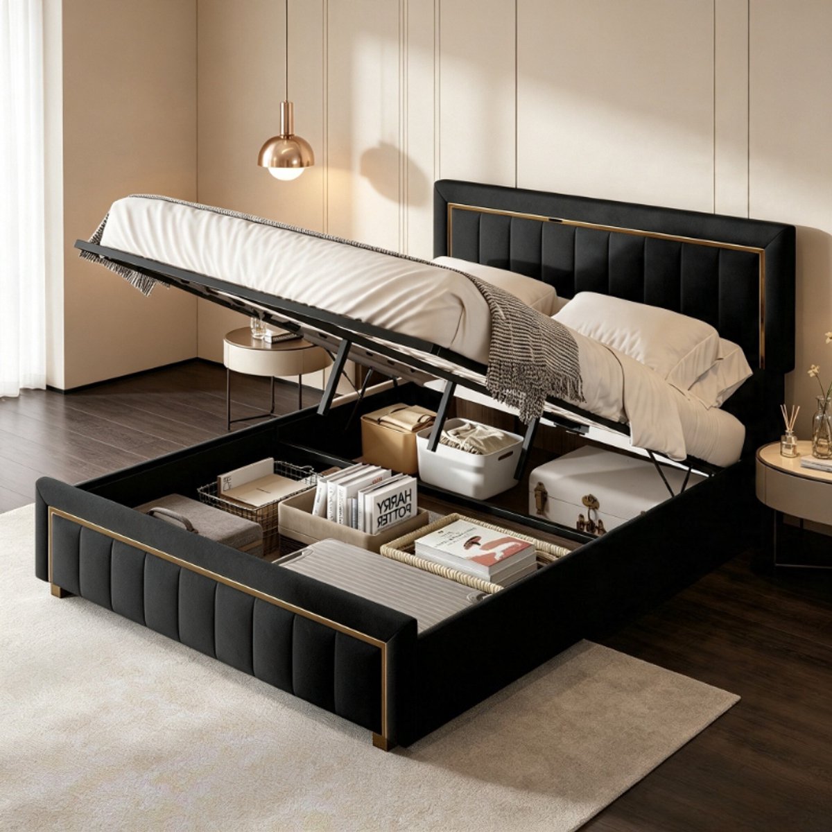 Tweepersoonsbed 140x200 cm, volwassen bed en 2 persoonsbed met hoofdbord, gestoffeerd bed met verticale bekleding en gouden rand, fluwelen bed zwart, zonder matras
