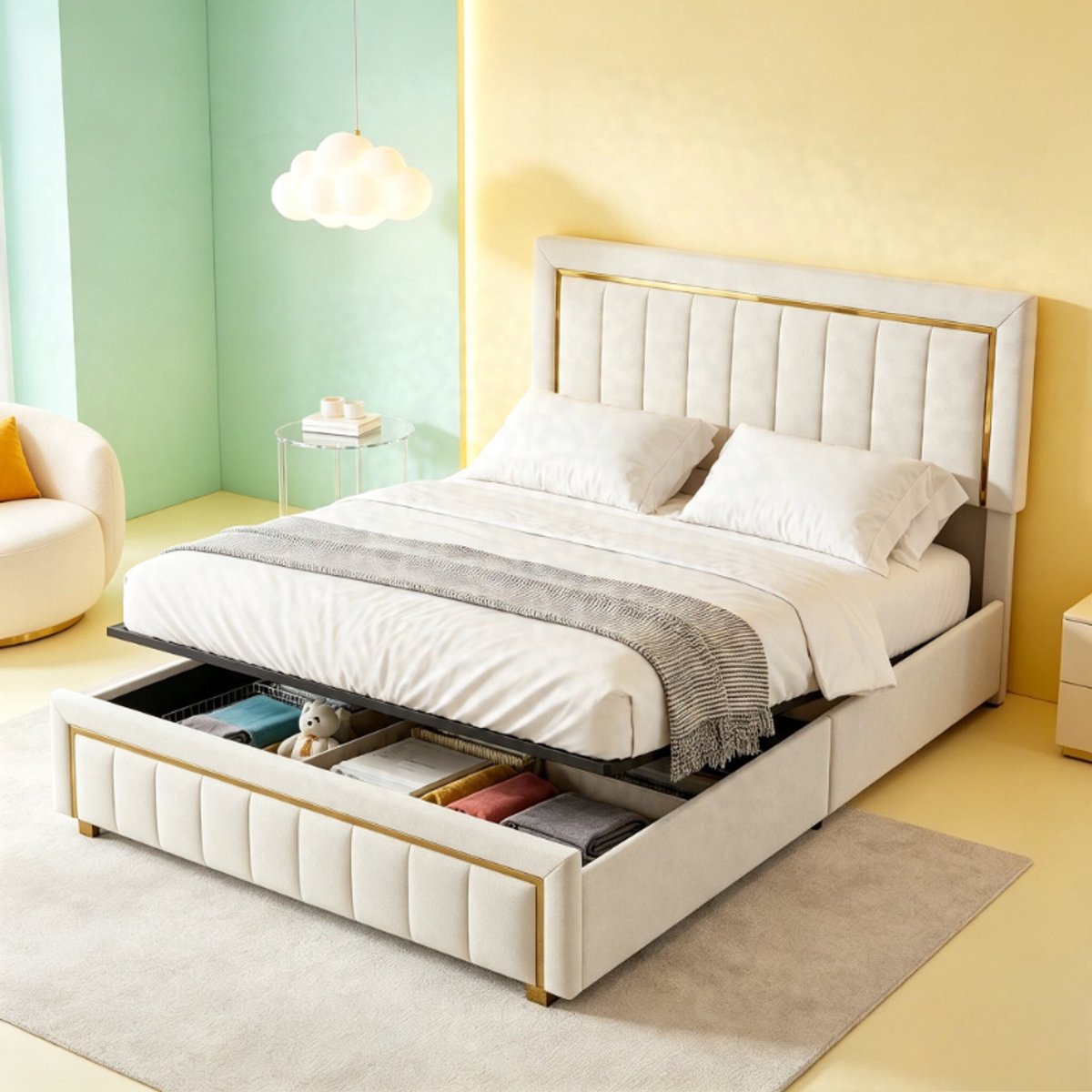 Tweepersoonsbed 160x200 cm, luxe gestoffeerd bed met hoofdbord, 2 persoonsbed met verticale bekleding en gouden metalen rand, fluwelen bedframe beige, zonder matras