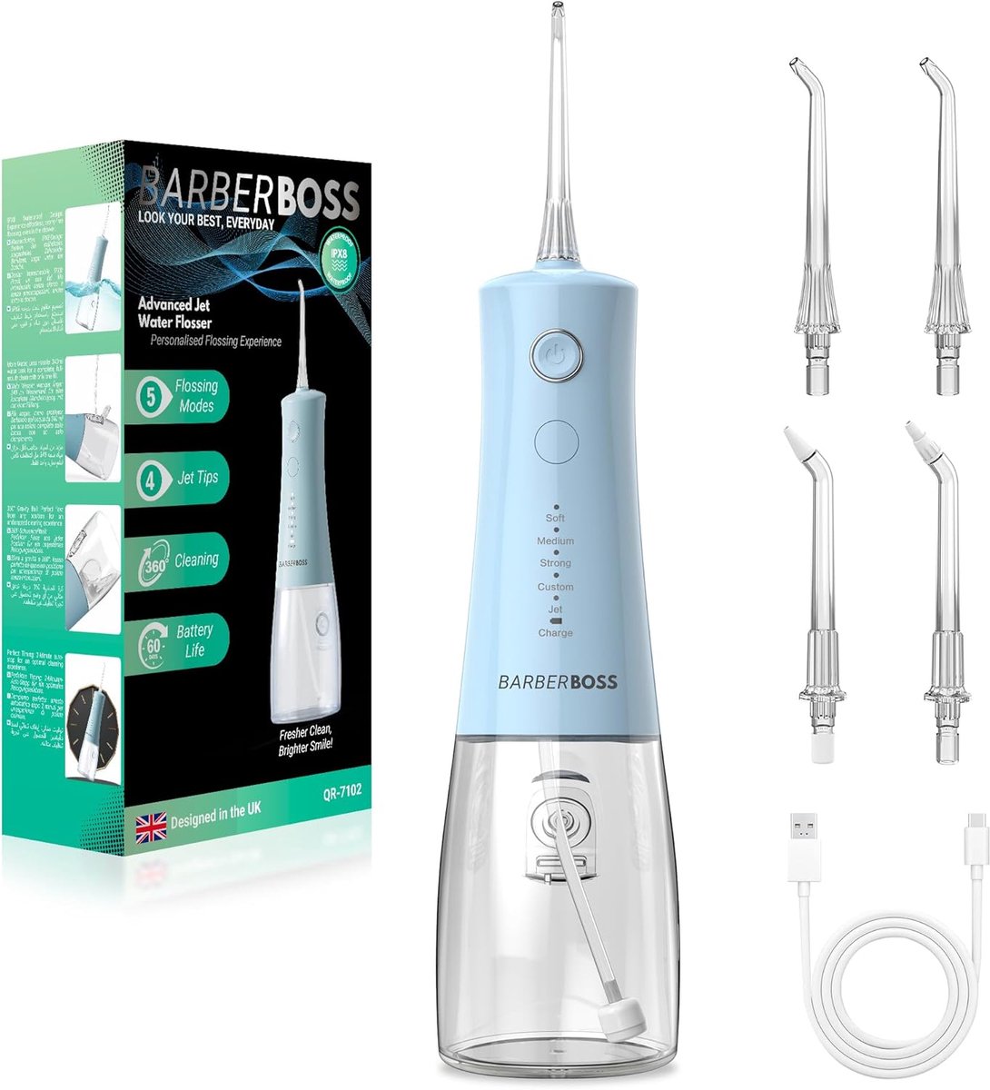 SnelShoppen - Draadloze Elektrische Water Flosser, 5 Drukstanden, IPX8 Waterproof, Portable Mondspoeler voor Tandverzorging, Pastel Blauw, Incl. 4 Tip