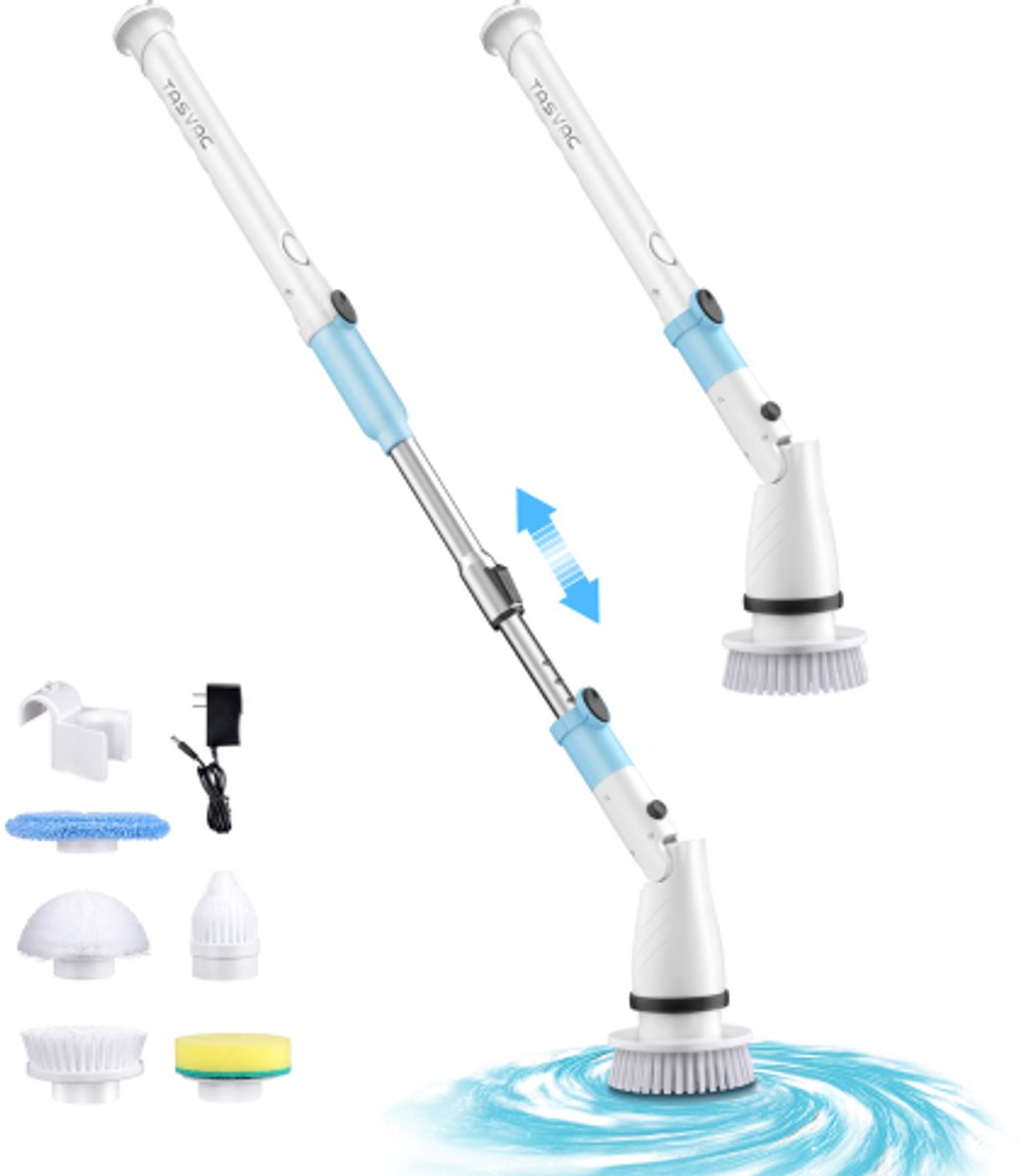 Draadloze Schuurborstel - Schoonmaakapparaat Voor Badkamer - Blauw-Wit Roterende Reiniger Met 5 Opzetborstels - Schuurmachine - Badreiniger - Elektrische Borstel - 450 Toeren Per Minuut Multifunctionele Schoonmaakborstel