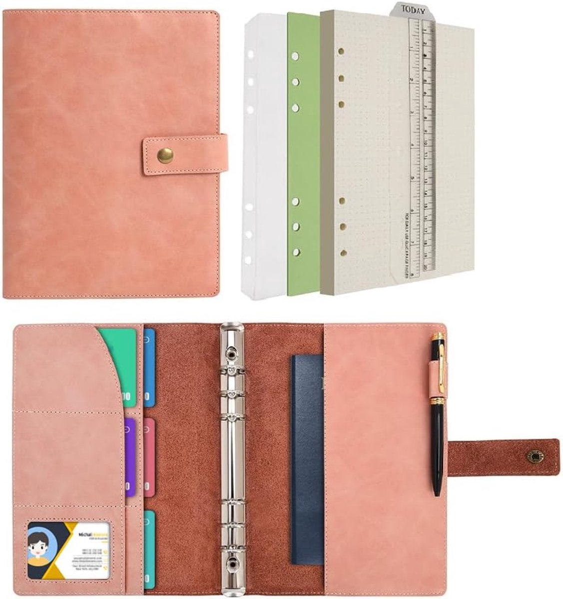SnelShoppen - Refillable Leather Journal Notebook A5 - Spiraalmap met Dotted Grid Papier, Binnenvakken en Creditcard Slots - Roze Organizer voor Werk,