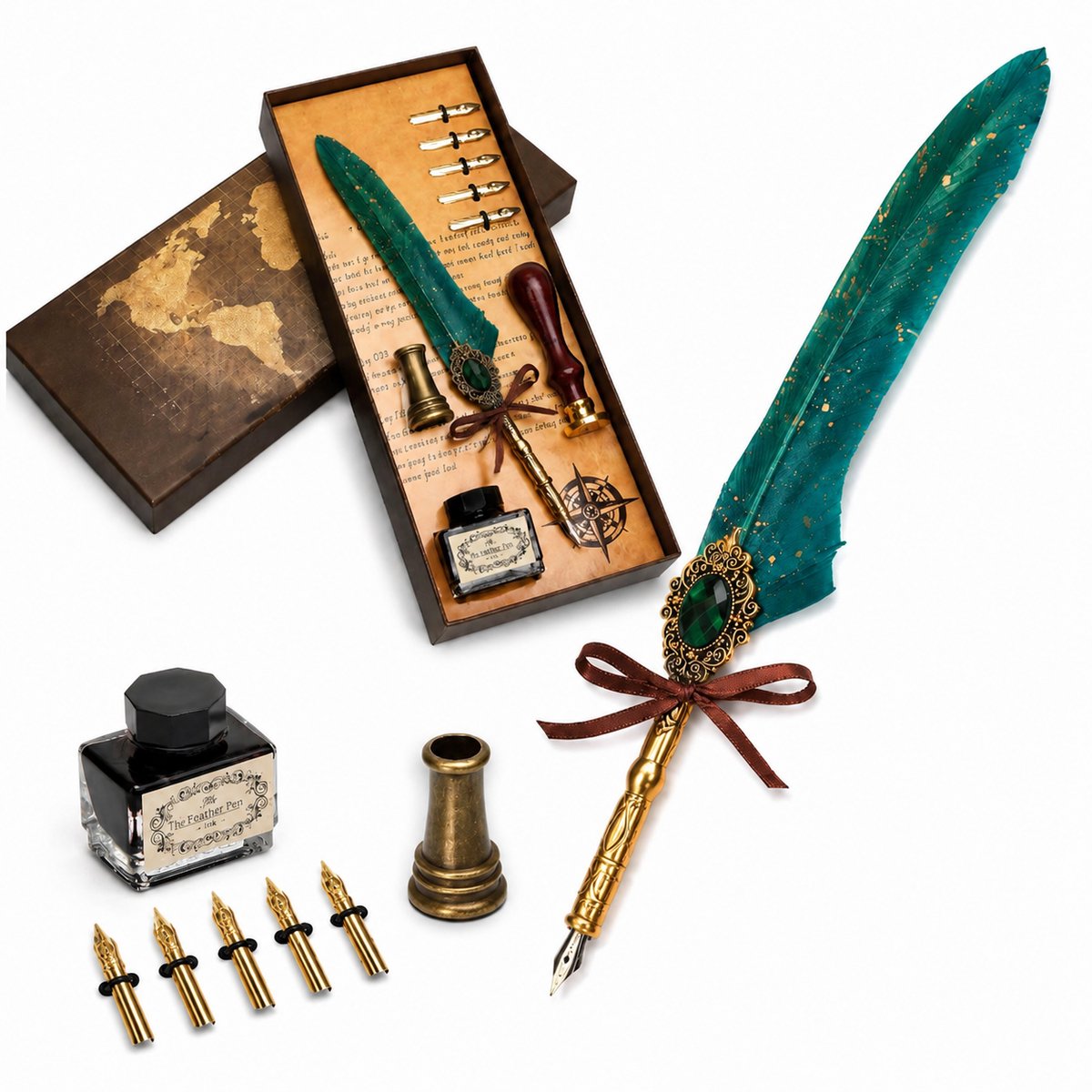 Sogiol® Kalligrafieset - 10-delige Dip Pen- Vulpen (met 5 vervangbare punten) - 15 ml inkt + penhouder - Lakzegelstempel en -staafje - Roestvrije kalligrafie cadeauset - Groente