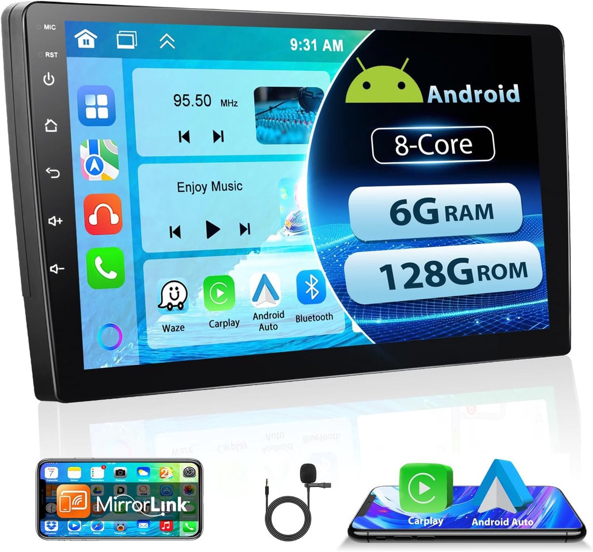 SnelShoppen - 9 Inch 2Din Android Auto Car Radio met 6GB RAM, 128GB Opslag, Bluetooth, GPS Navigatie, WiFi, Touch Screen & Draadloze CarPlay