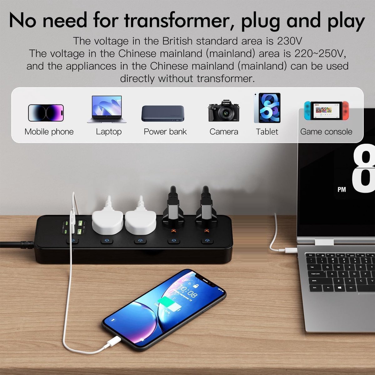 SnelShoppen - 4-voudige Stekkerdoos met USB-C en USB Poorten, 3250W, 1.8m Verlengsnoer met Universele Aansluiting, Zwart voor Thuis en Kantoor