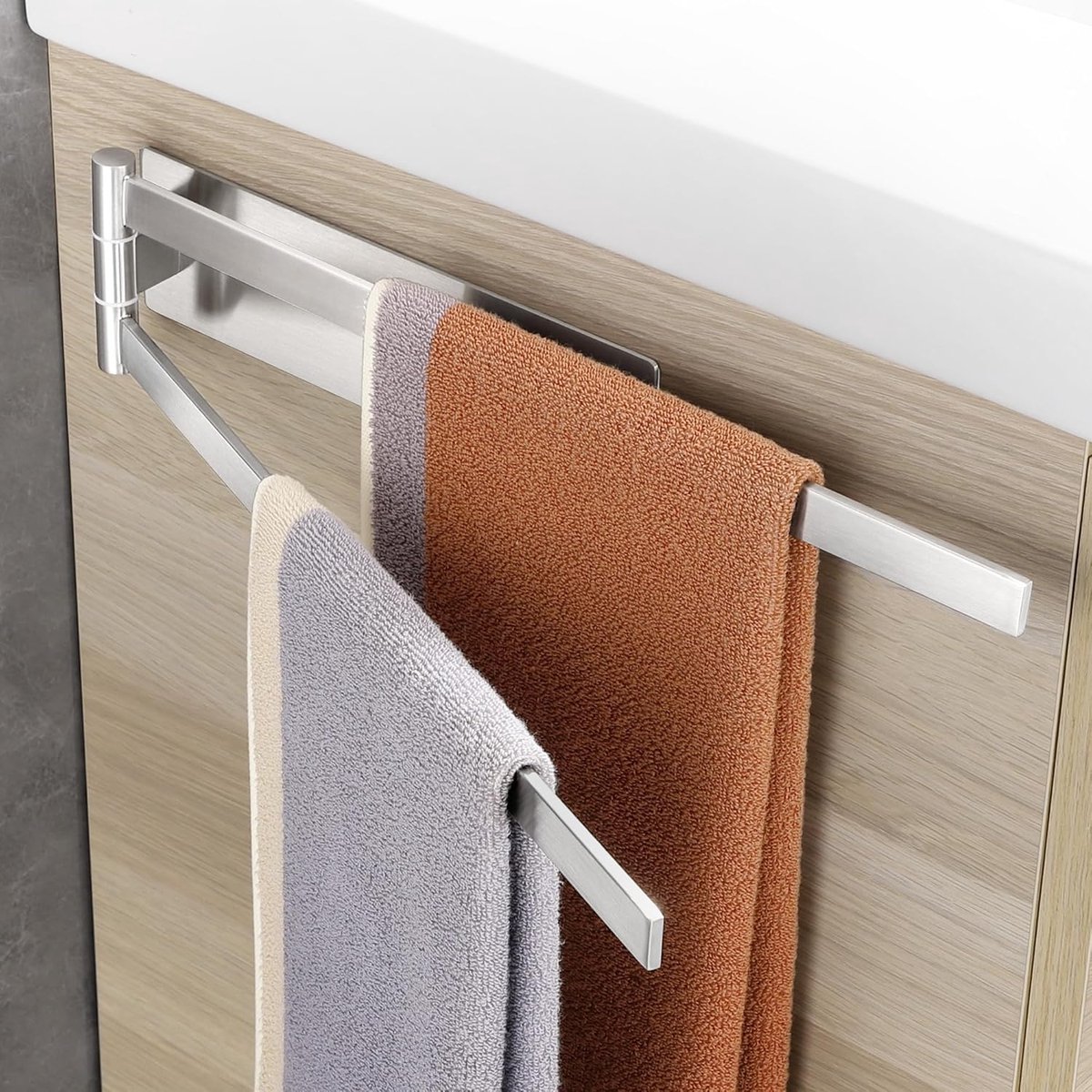 SnelShoppen - Towel Holder No Drilling, Dubbele Swivel Handdoekenhouder, 304 RVS, Zelfklevende Handdoekenrek, Wandgemonteerd, Badkamer, Keuken, Zilver