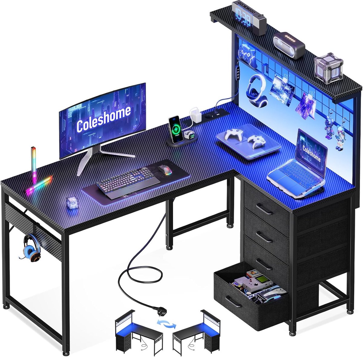 SnelShoppen - Gaming Bureau met LED Verlichting, 4 Lades en Stopcontacten, Omkeerbaar Hoekbureau met Planken en Opbergruimte voor Gaming en Thuiswerkp