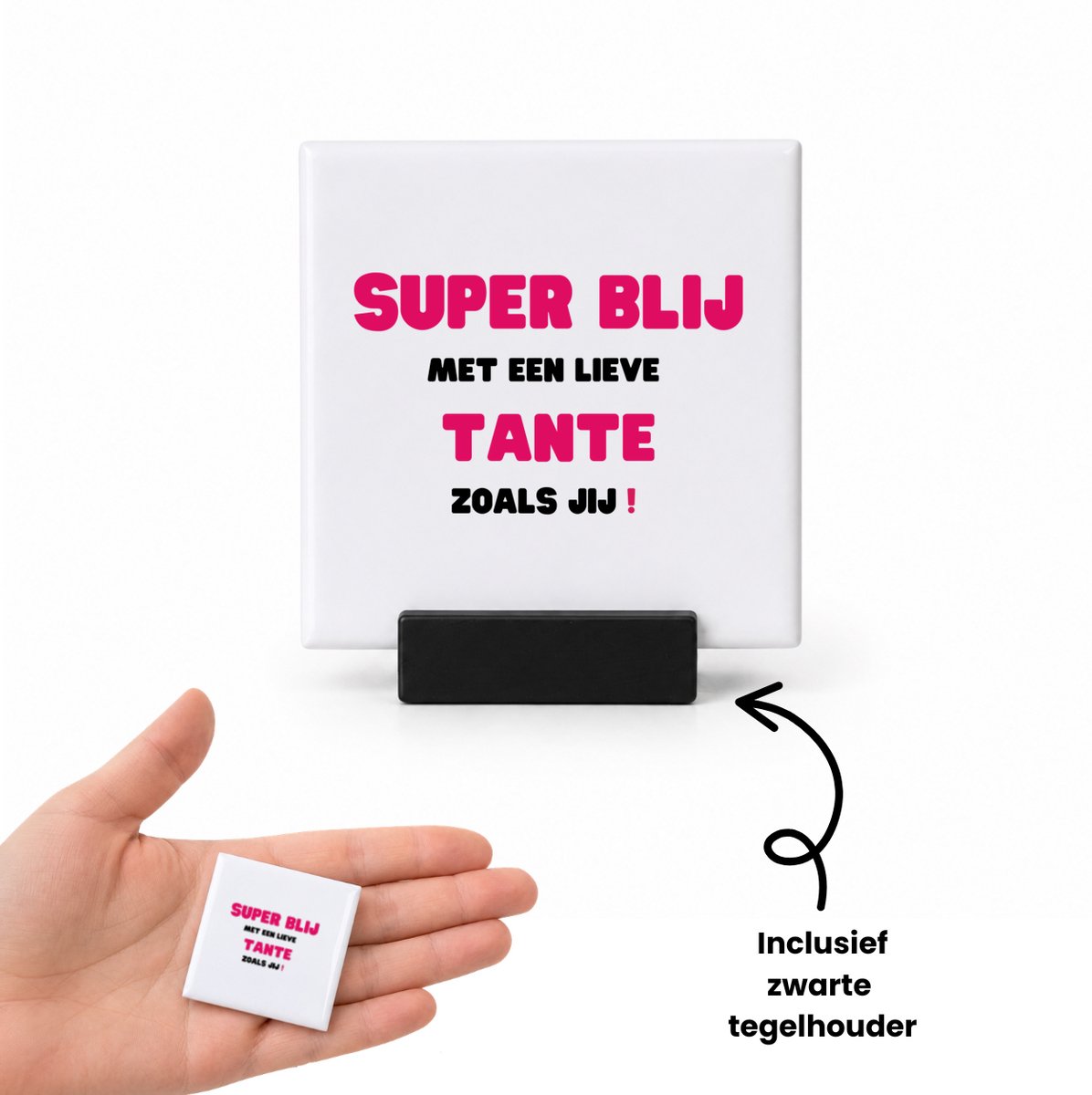 Hacebo super blij met een lieve tante zoals jij tegeltje met tegelhouder - Tante - de liefste tante - tegeltjes met tekst - verjaardag - cadeautje voor tante - tante artikelen - kado - geschenk - spreuktegels - 4.8x4.8 CM Wit
