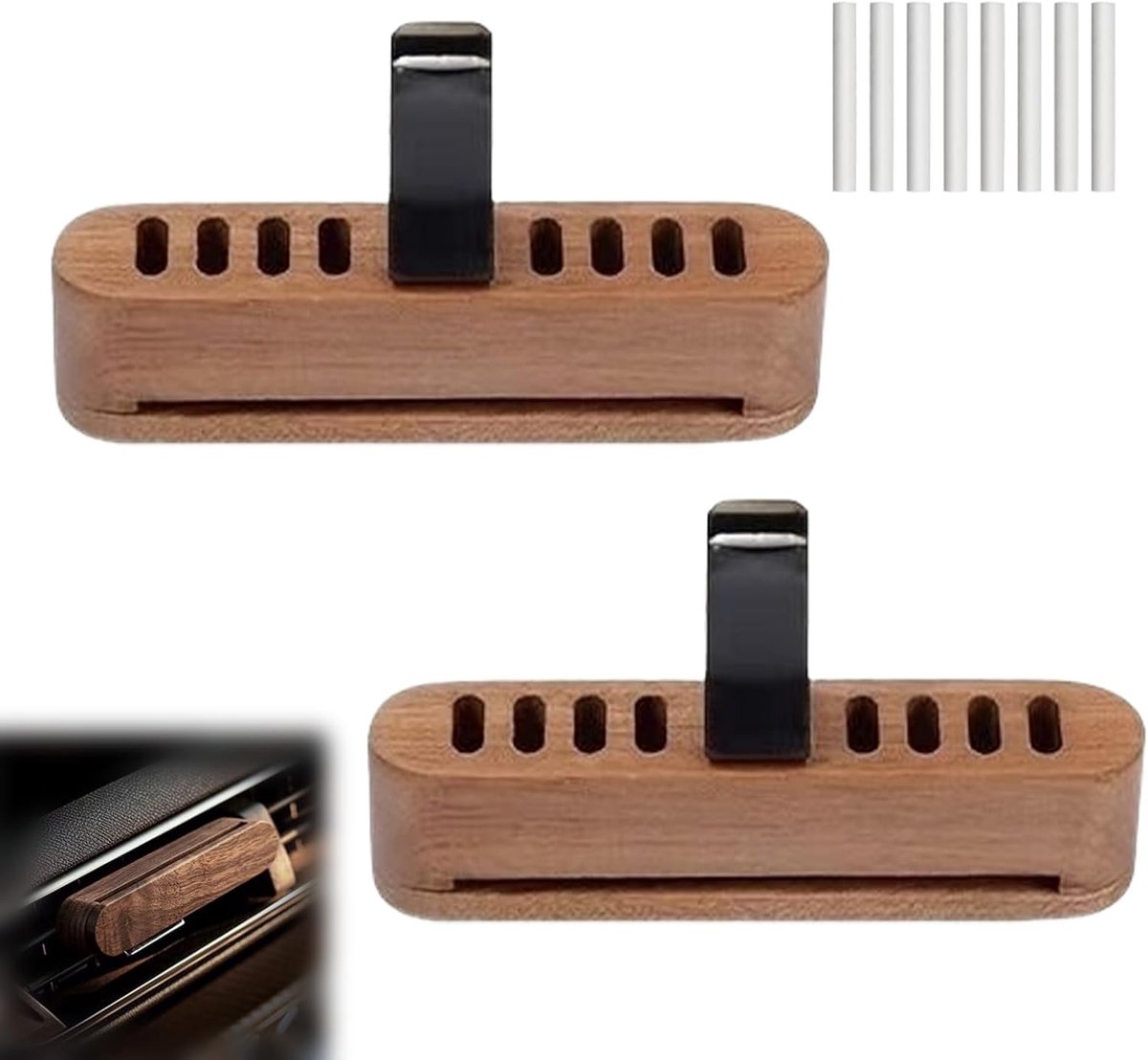 SnelShoppen - 2 Stuks Autodiffuser - Houten Auto-Diffuser voor Etherische Oliën - Inclusief 8 Navulpads - Auto-Luchtverfrisser - Duurzaam en Robuust -